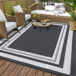 GARVEE Outdoor Rug 8x10 Area Rugs for Patio Waterproof Plastic Straw Rug Reversible Patio Rugs RV Camping Outdoor Carpet for Porch Patio Outside RV Deck Balcony Picnic Beach Decor Border-Grey/White