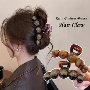 11Cm Women's Retro Gradient Beaded Hair Claw Geometric Plastic Hairpin Shark Clip Fashion Everything Hair Clip Hair Accessories