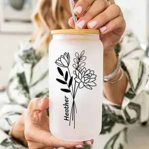 Personalized Birth Month Flower Frosted Glass Tumbler, Personalized glass tumbler, Personalized birth month tumbler.