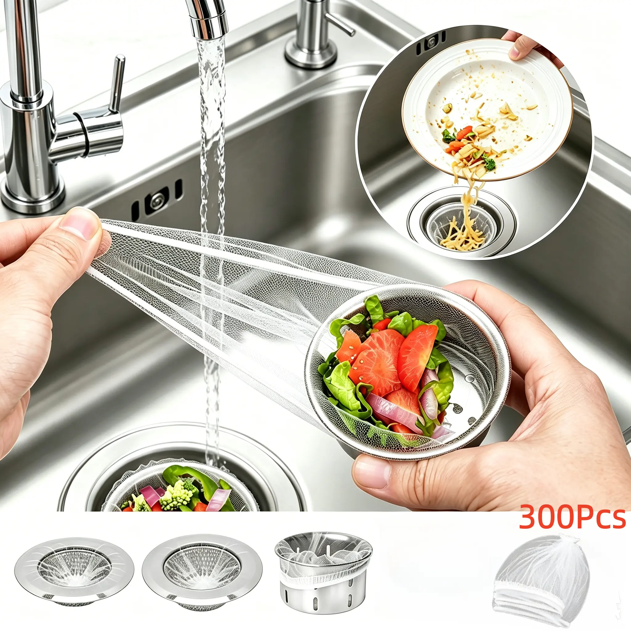 300 Pcs Disposable Kitchen Sink Strainer Bags, Mesh Drain Filter Net, Anti-Clog Sink Drain Cover for Most Kitchen Sinks