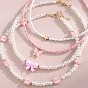 4pcs/Set Girls' Butterfly Heart Flower Pearl & Beaded Handmade Necklace Set Children Teen Friendship Best Gift For Friends