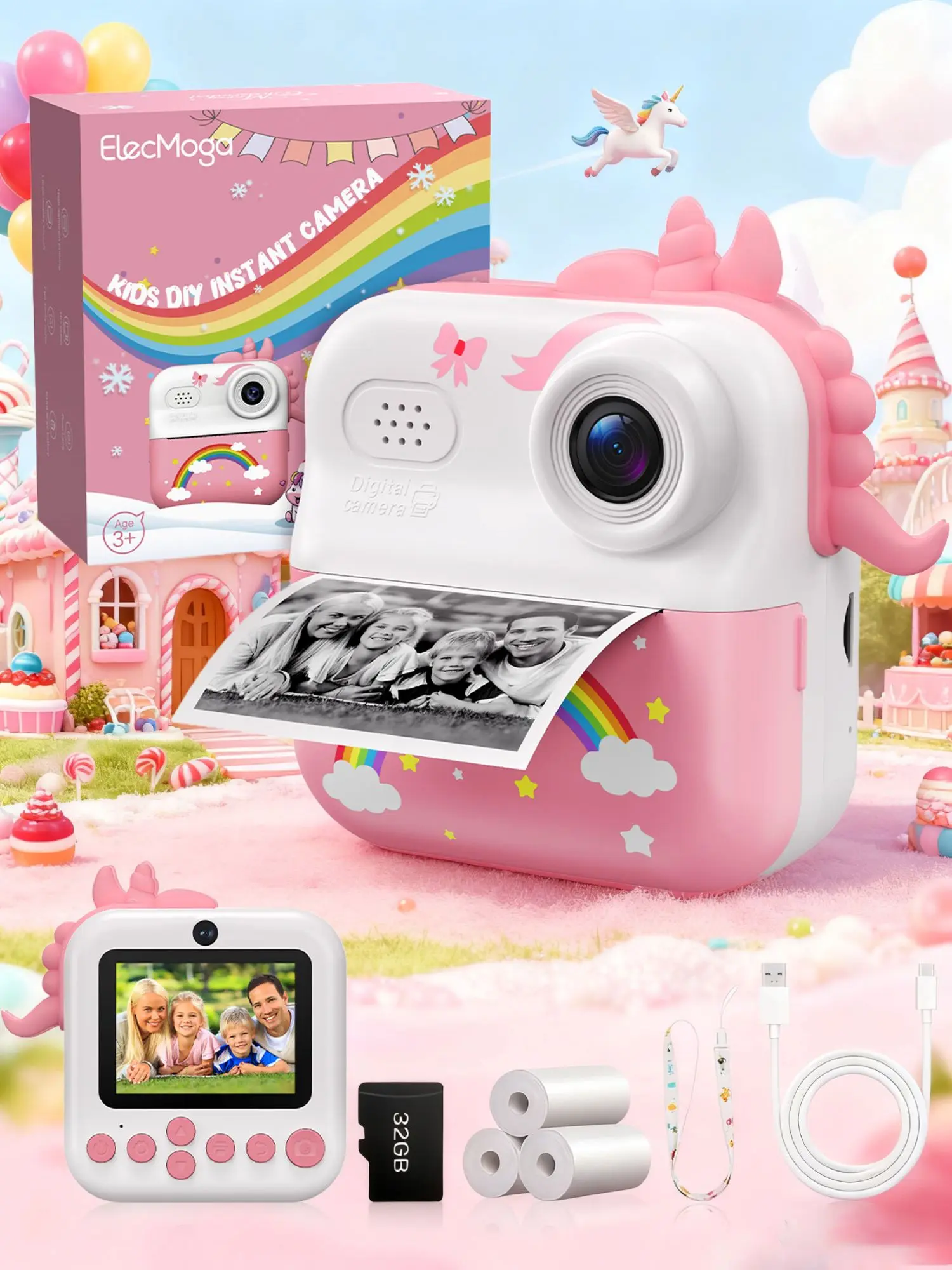 Kids Camera Instant Print, Children’s Day & Birthday Gift for Kids, 48MP 1080P HD 2.4-Inch Screen, 32GB Card & Printer Paper, Perfect for 3-12 Year Old Girls Boys
