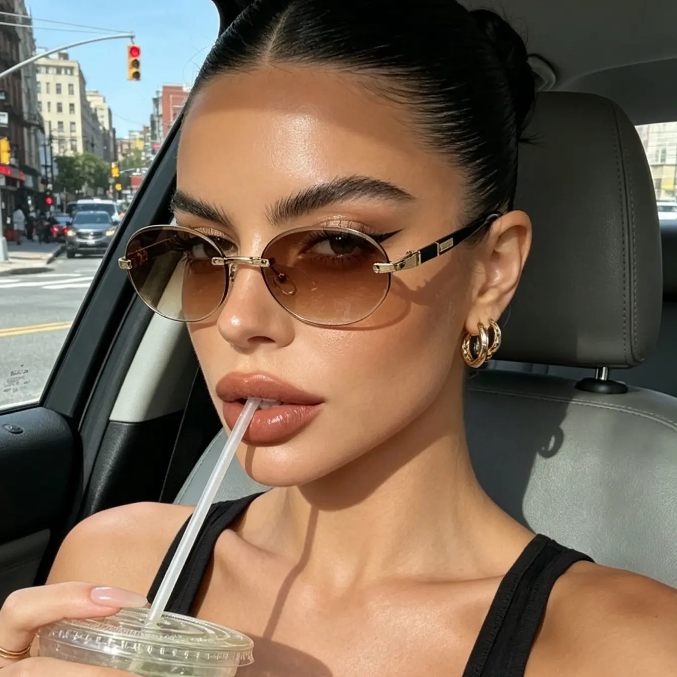Rimless Round Sunglasses for Women, Gold Frame Brown Gradient Lens Glasses, Retro Y2K Fashion Eyewear with Black Temples for Travel Parties and Everyday Style