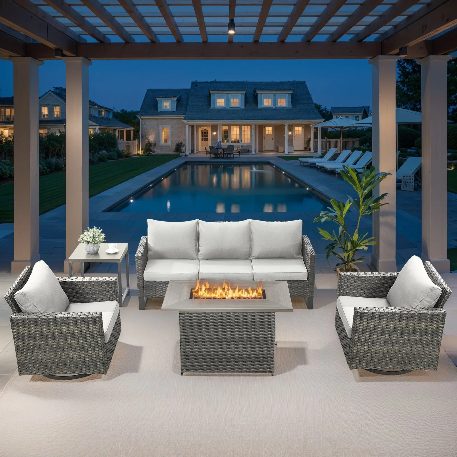 Belord Outdoor Patio Set, 5-Piece Wicker Waterproof Metal GRS Series with 41" Gas Fire Pit Table & Swivel Rocker Chairs (4 Packages Shipping) for Entertaining