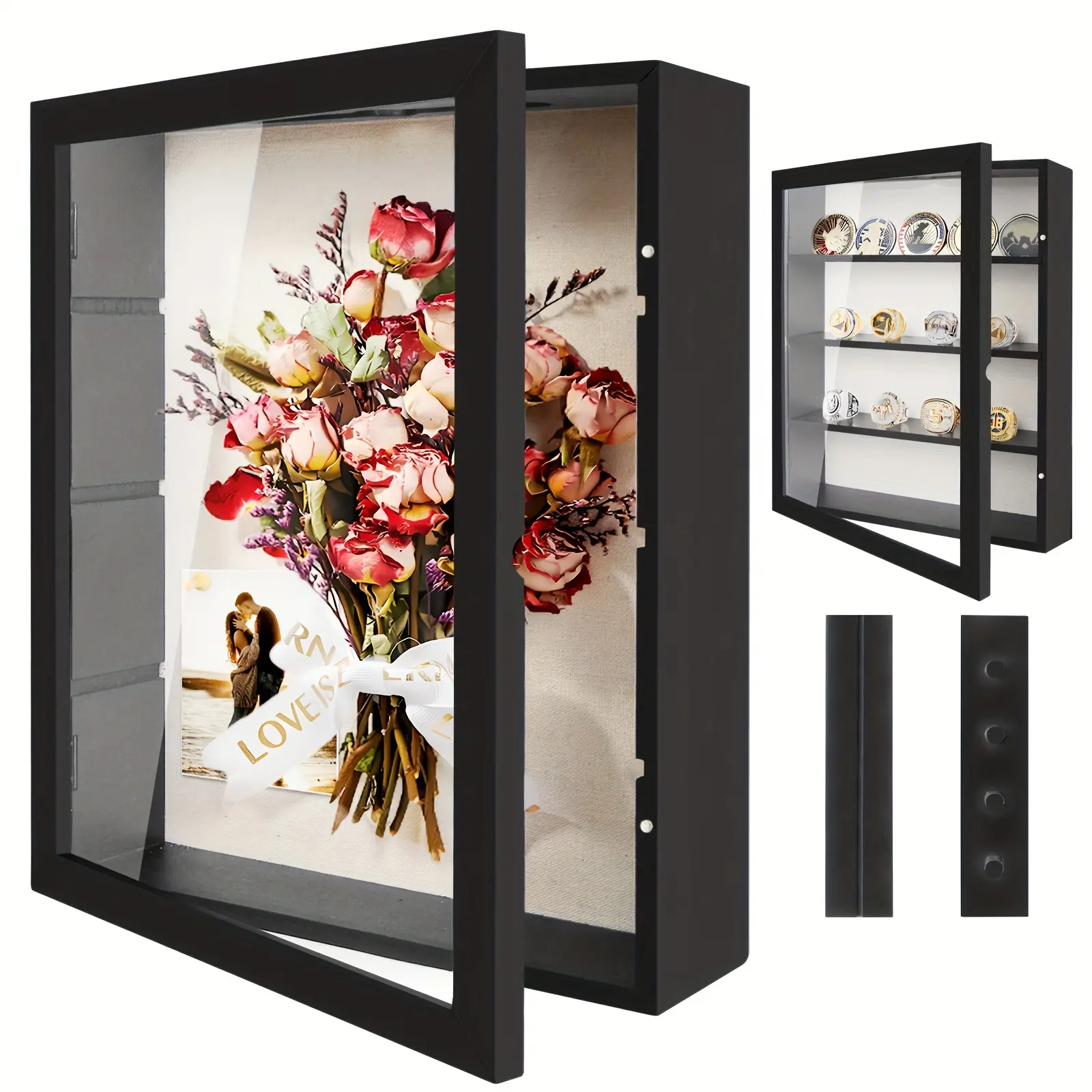 11x14 Large Country-Style Wooden Memory Display Shadow Box with 4 Removable Shelves, Linen Backing for Flowers, Photos, Championship Rings, Medals - Home Decor Room Decorations