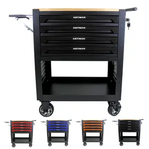 [ARTMAN] 4 DRAWERS MULTIFUNCTIONAL TOOL CART WITH WHEELS AND WOODEN TOP-BLACK/RED/ORENGE/BULE Adjustable Cabinet tool box