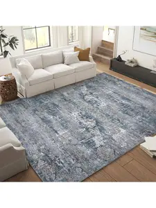 Vintage Washable Area Rugs, Ultra-Thin Soft Large Indoor Rug For Bedroom Dining Room Or Living Room, Foldable Carpet With Non-Slip Backing, Navy Blue/Gray(8x10/9x12)