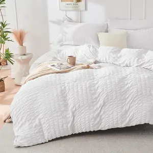 White Duvet Cover Queen Size, Soft 3-Piece Seersucker Duvet Cover Set with Zipper Closure, Soft Brushed Microfiber Bedding Set with 8 Corner Ties (90"x90", 2 Pillowshams)