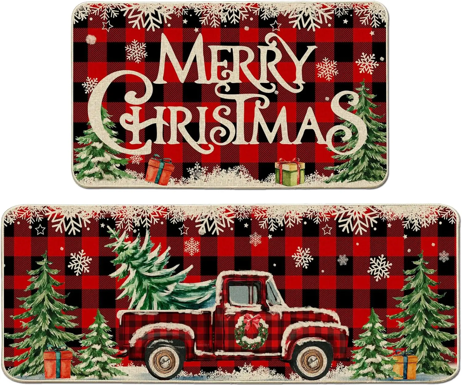 2pcs Christmas Kitchen Floor Mat Set Christmas Kitchen Rug Set Farmhouse Truck Red Buffalo Plaid Christmas Kitchen Decor Perfect for Kitchen Home Office Laundry Room Bathroom Timeless Farmhouse Decor Premium Flange 0.47 Inch Memory Foam Non-Slip Back Pad