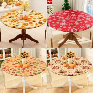 Round Fitted Christmas Tablecloth with Elastic Edge, 100% Waterproof Oil Proof Table Cover, Vinyl Flannel Backed Tablecloth Fits 36"-44" Round Tables for Christmas Dinner