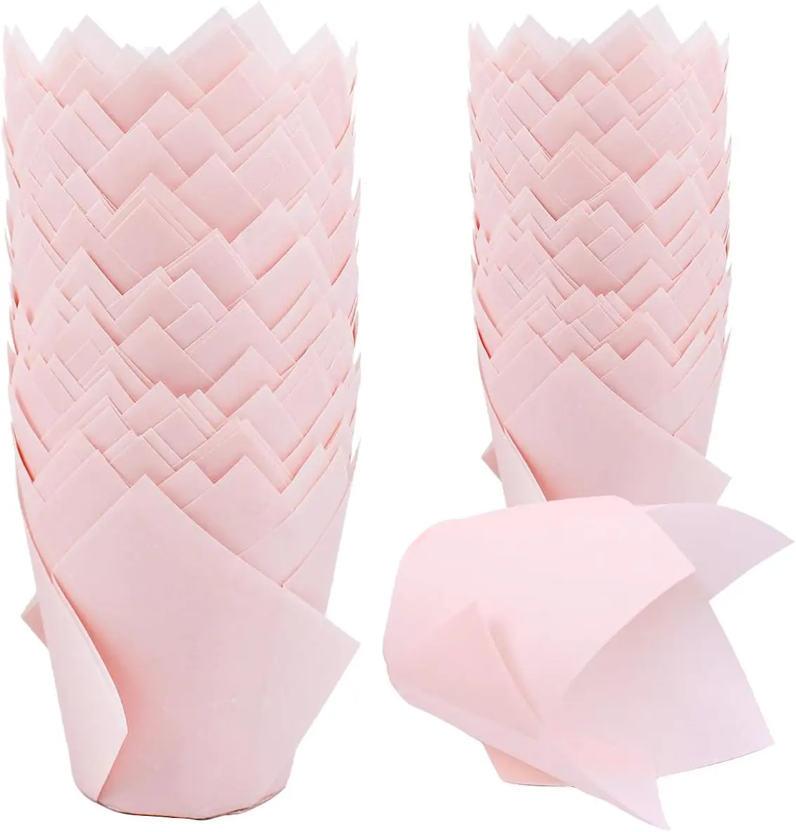 Tulip Shape Greaseproof Bakeware Cupcake Liners, 150-Piece Pink Paper Muffin Wrappers for Birthday Parties, Catering