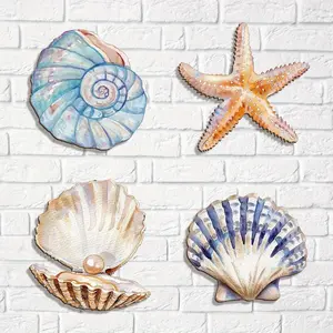 4-Piece Vintage Wooden Shell Starfish Wall Decor, Wood Wall Art, Self-Adhesive Ocean Theme, Bathroom & Outdoor Decoration, Coastal Home Aesthetic