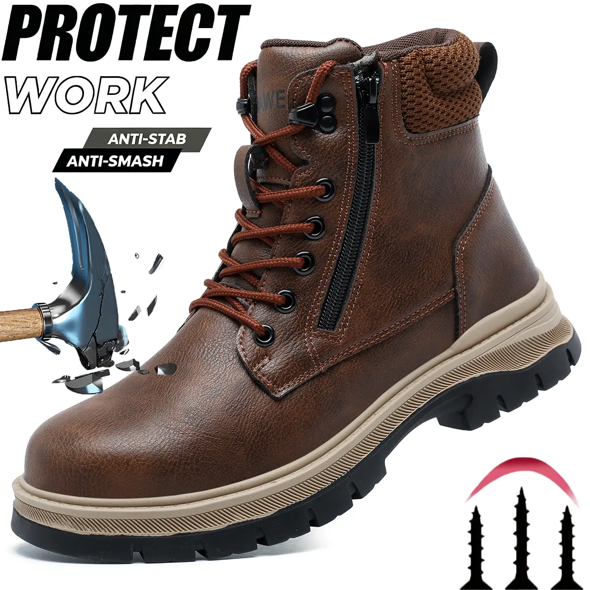 Men's Brown Steel Toe Safety Shoes Anti-Smash & Puncture-Proof Comfortable Lightweight Work Boots Wear-Resistant Protective Work Footwear Suitable for Construction Sites Outdoor Work and Daily Wear