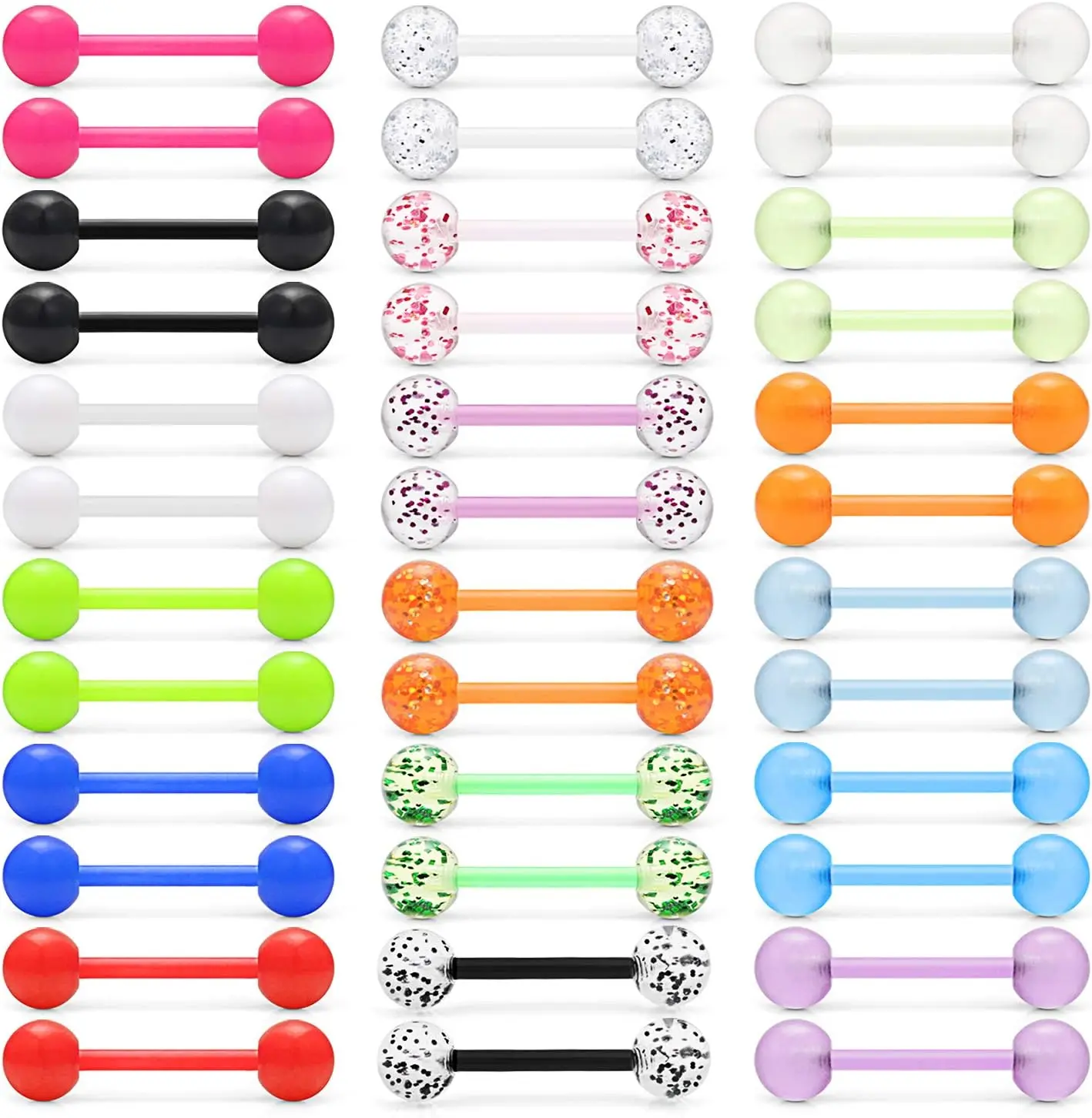 Fashion Body Jewelry Set, 36Pcs 14G Glow-in-Dark Flexible Acrylic Straight Barbells, 16mm Bar Retainers Piercing Jewelry for Women Men, Flexible Straight Barbells, Nipple Ring, Tongue Ring, Unisex
