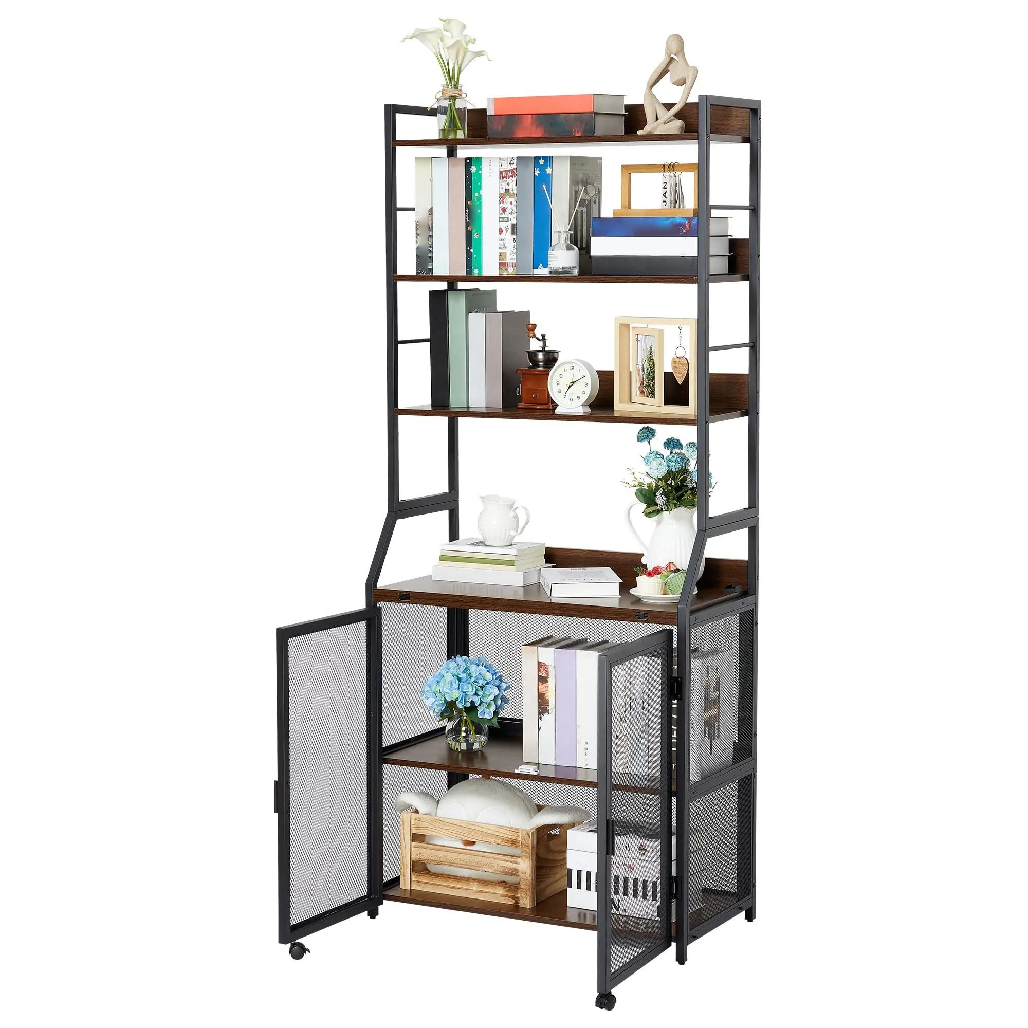2-in-1 Industrial Bookshelf with Cabinet and Desk, Modern Office Furniture, Space-Saving Design, Sturdy Metal & Wood Construction, Floor Standing Storage for Home Office, 23 x 9 x 71in, Brown