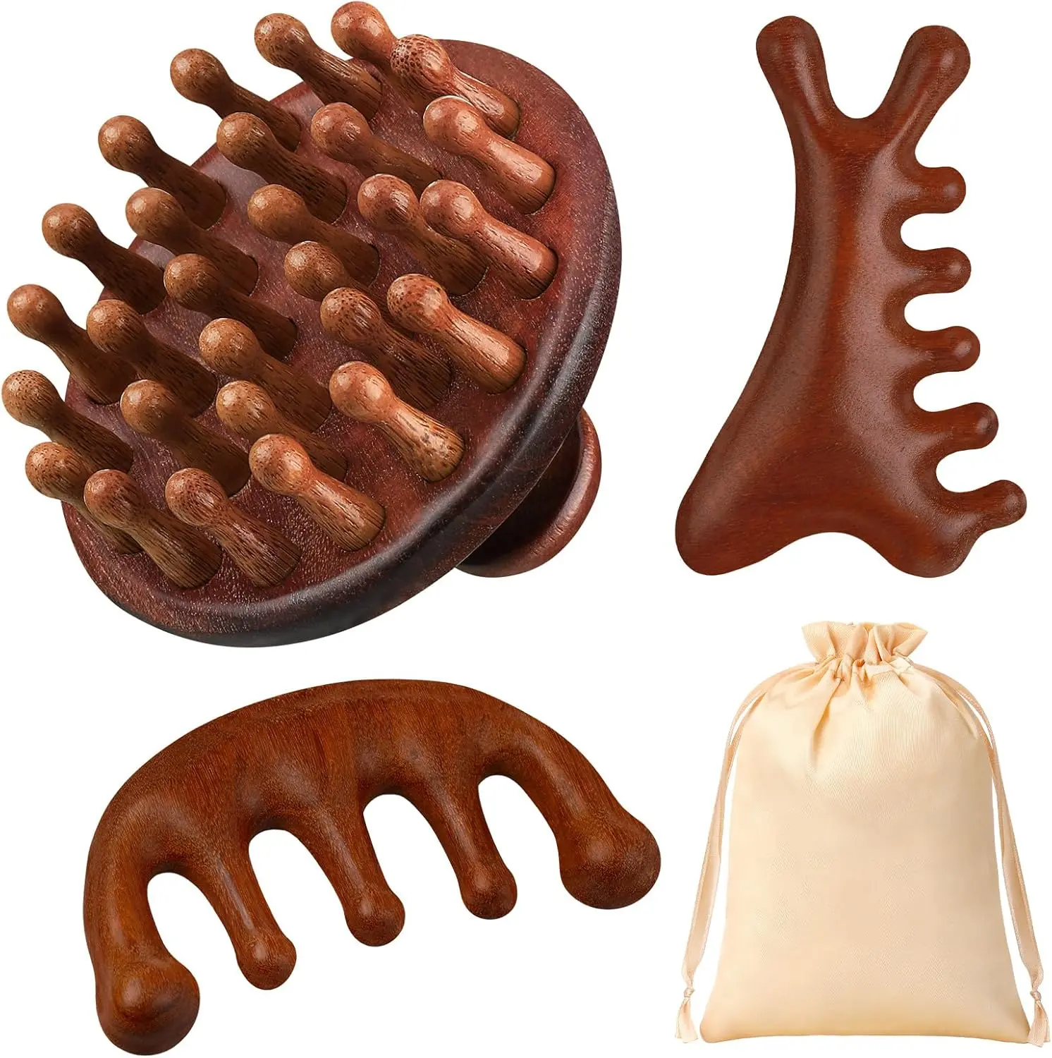 3 Pcs Smooth Wooden Head Scalp Massager Combs - Relaxation & ASMR Aid, Scalp Care Tool, Hair Gua Sha Accessory with 1 Storage Bag for Body Care
