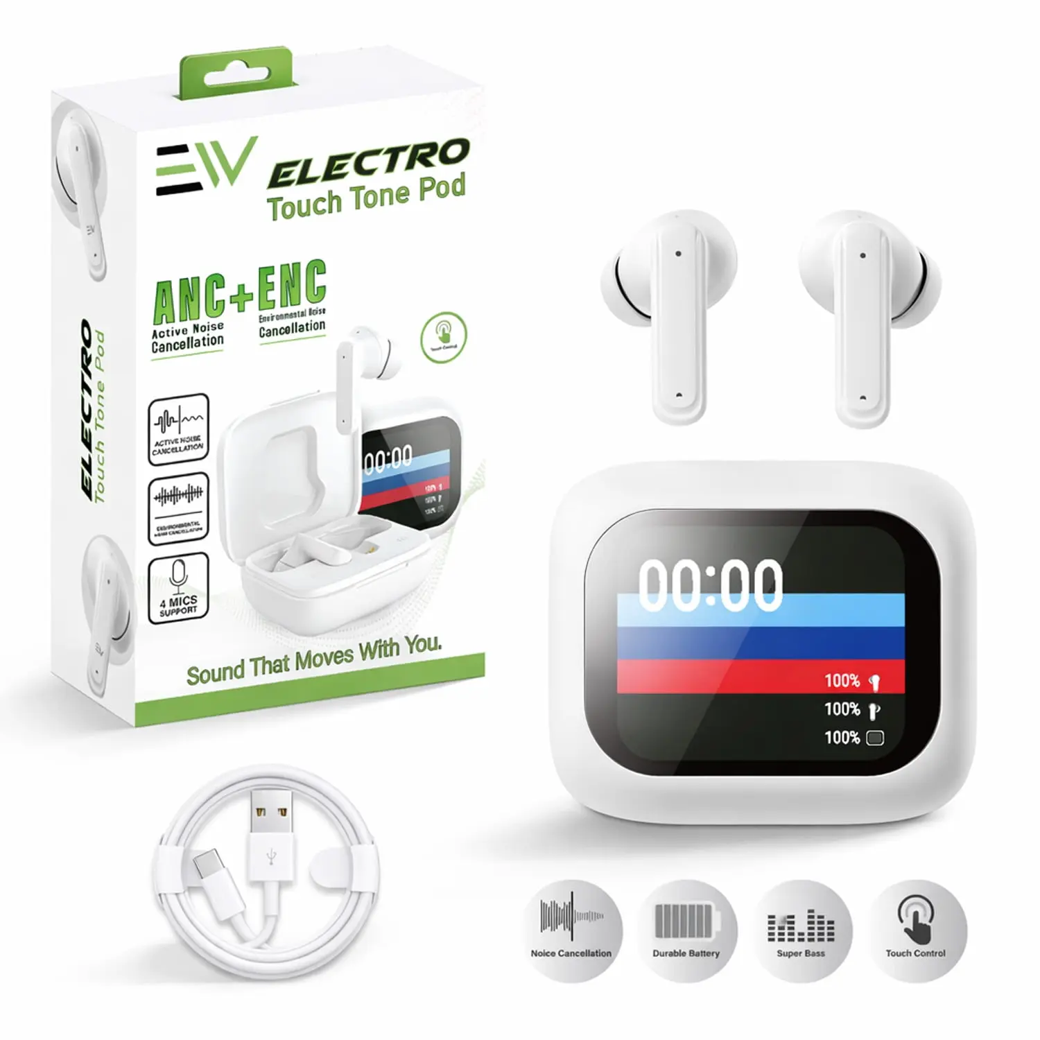 Wireless Earbuds Bluetooth 5.3 ANC + ENC Noise Cancelling TWS Headphones with Touch Screen Case, Built-in Mic, USB-C Fast Charging, Charging Cable Included, Low Latency Stereo Earbuds for Calls, Music & Gaming