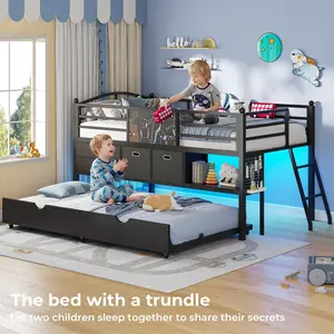 SIKAIC Twin Low Loft Bed with Trundle & DIY Pegboard, Black Kids Bed Frame with Storage Drawers & LED Lights, No Box Spring Needed