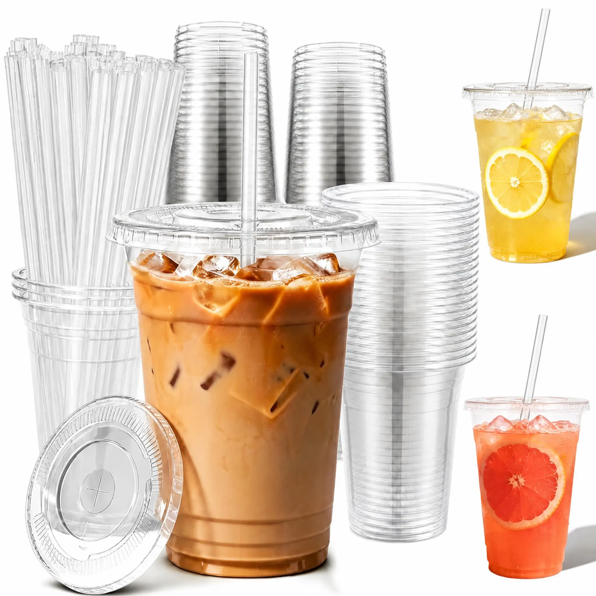 40/20 Pack 500ml Reusable Plastic Iced Cups with Lids and Straws, Party Drinks SuppliesFlat-Bottomed Stable Portable Disposable Tableware for Home,