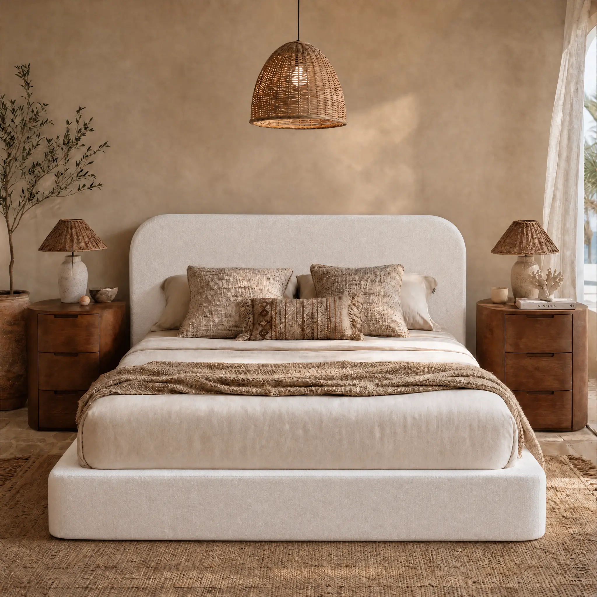 RECCI Queen Bedframe - Contemporary Cloud Upholstered Bed with Curved Rounded Headboard, Padded Fully Cushioned Panels, Low-Profile Platform, Soft-Edge Build, Sturdy Support, Easy Assembly, No Box Spring Needed, Contemporary Bed