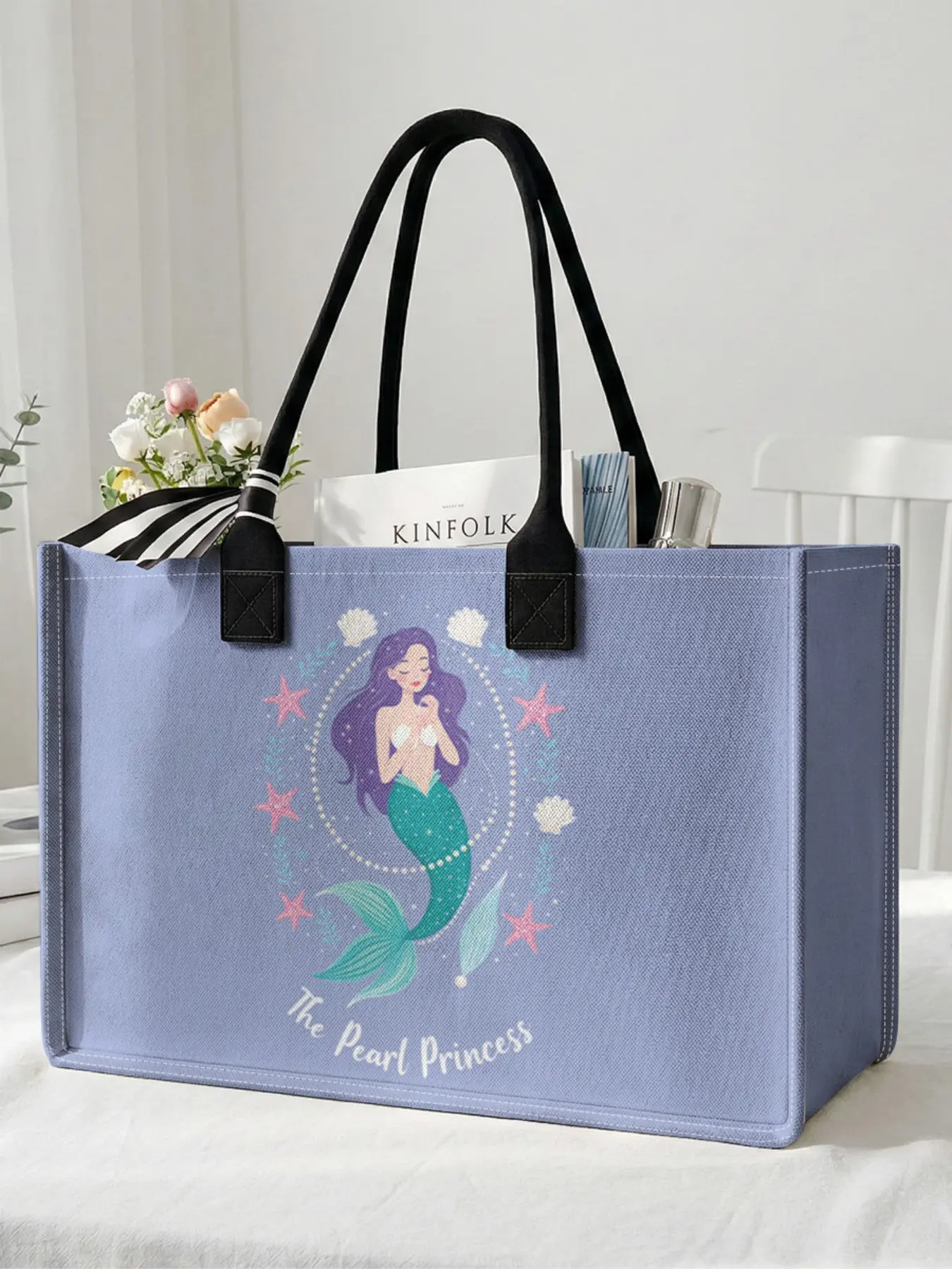 1 piece of mermaid 'Pearl Princess' 2D printed large capacity storage bag, extra large storage bag, sturdy handle, space-saving multi-purpose, suitable for going to school, traveling, shopping