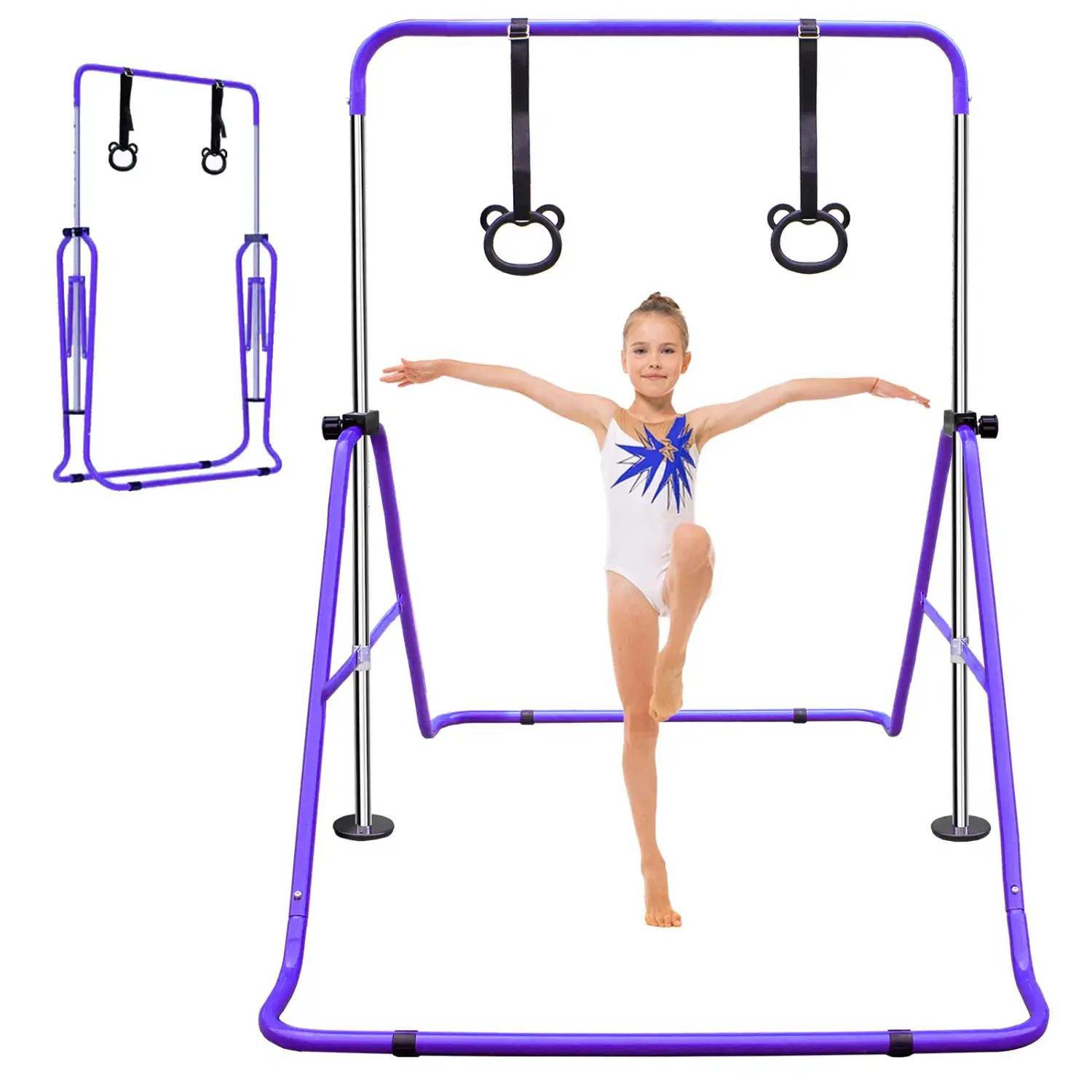 Purple Height-Adjustable Multi-Use Gymnastics Bar, Strength Focus Gymnastics Train Equipment with Training Rings