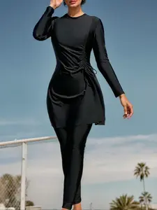 Women's Solid Long Sleeve Top & Skinny Pants Islamic Swimwear Set, Modest Casual Swim Top & Leggings, Ladies Swimsuit for Beach Holiday Vacation, Modest Fashion Swimsuit, Islamic Swimming Suit