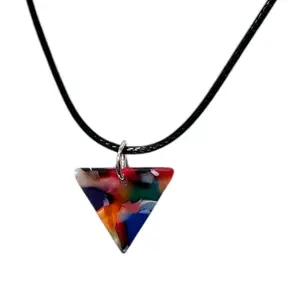Black Leather Rope Necklace with Colorful Triangle Pendant