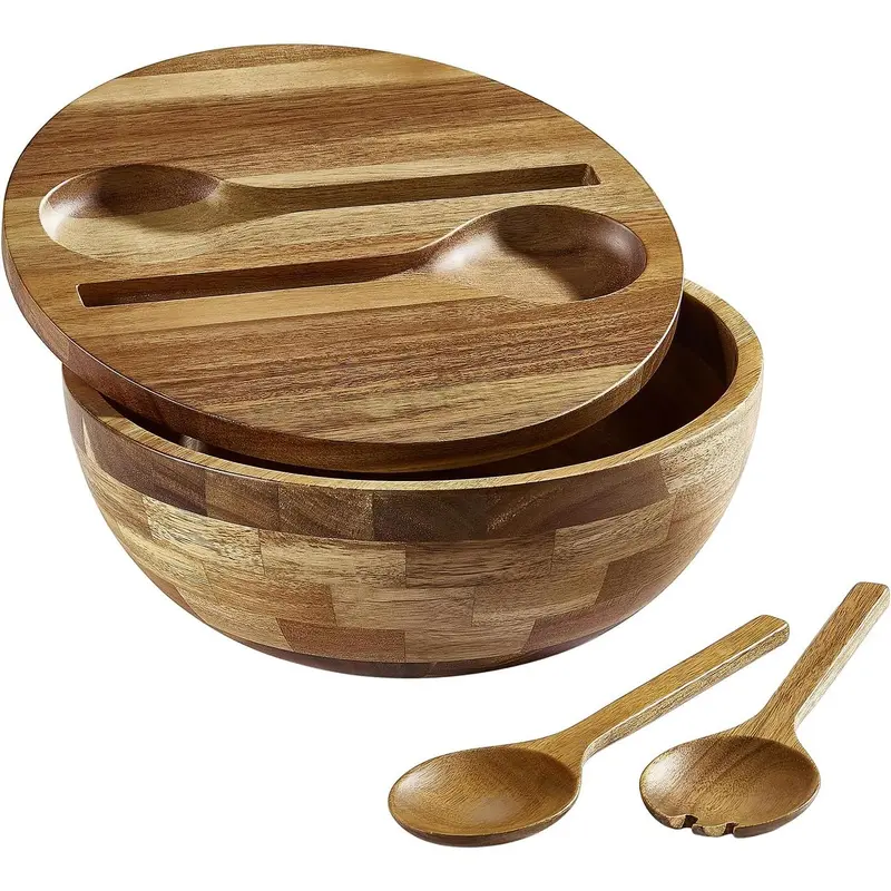 Acacia Wood Salad Bowl Set with Lid, 10.5" Large Serving Bowl, 4-Piece Set with Reversible Lid, Built-in Wooden Fork & Spoon fruit bowl Tableware