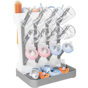 VVH Baby Bottle Drying Rack, Vertical Bottle Rack Dryer Space Saving Bottle Drying Rack Countertop Organizer with Brush Holder for Bottles & Baby Accessories Pacifiers and Pump Part- BPA-Free (Gray)