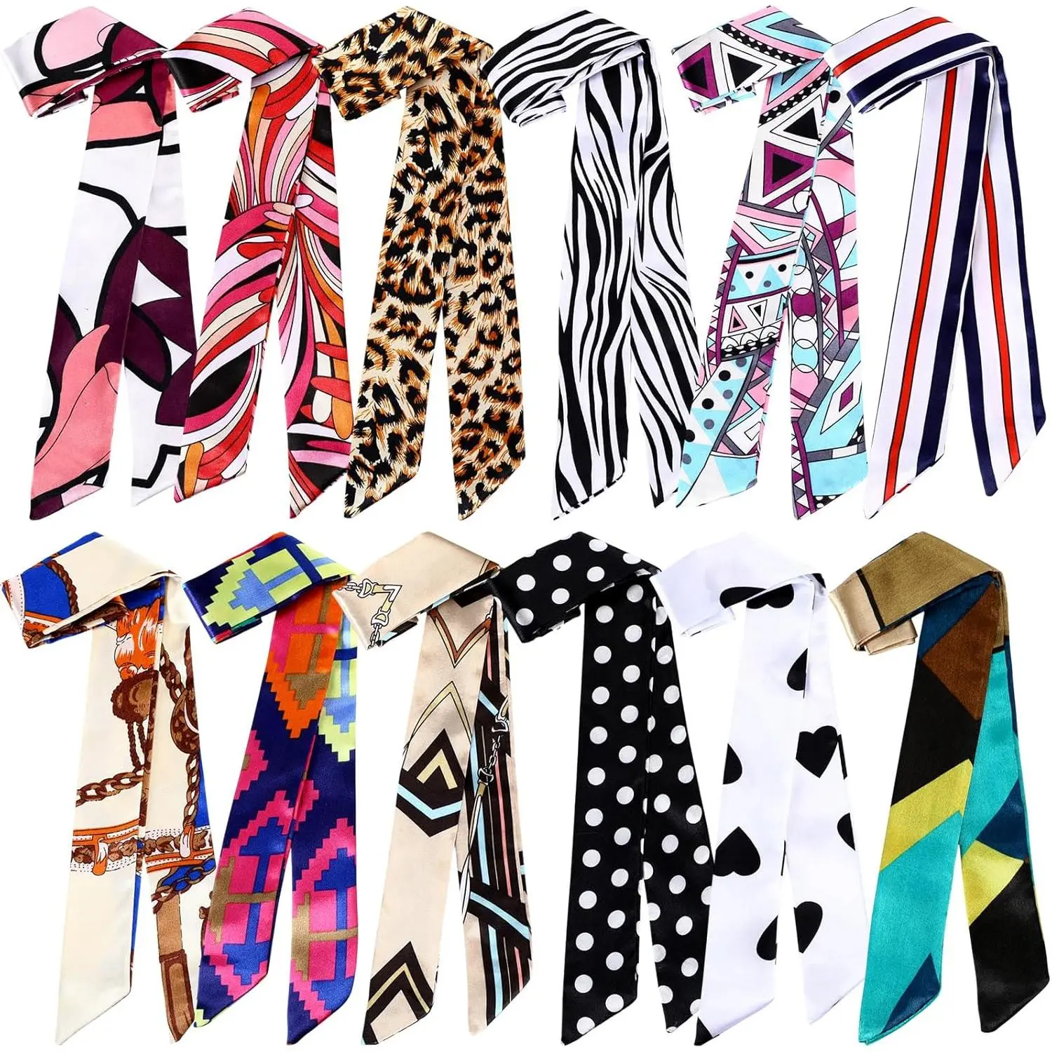 Women's 12-Piece Satin Multifunction Hair Kerchief Set - Fashion Hair Scarves, Hairwraps, Scarf Head Wrap, Bandana Style Head Scarves for Handbag Handle Ribbon, Neckerchief, Hairband Charm & Gifting, Assorted Colored Head Scarves