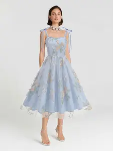 LikeMyChoice 2026 Sweetheart Neck Floral Embroidered Dress | Pink Tulle Midi Breathable Embroidery