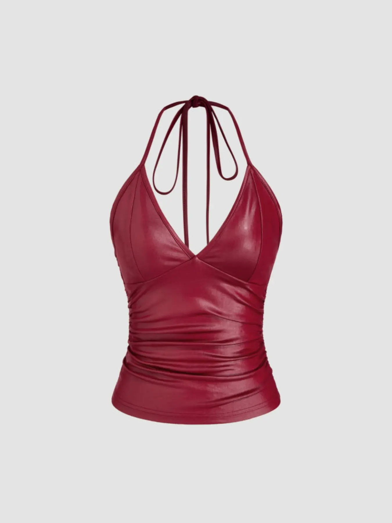 Summer New Fashion Elegant Sexy Y2K Tight Fit Bra Top, Wine PU Leather Halter Neck Strappy Backless Slim Fitting Bodysuit, Short Sleeve Women's Party Nightclub Festival Womenswear