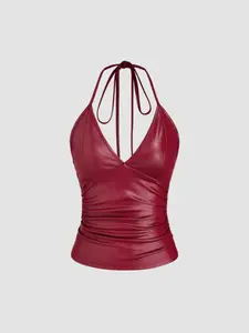 Summer New Fashion Elegant Sexy Y2K Tight Fit Bra Top, Wine PU Leather Halter Neck Strappy Backless Bodysuit, Short Sleeve Women's Party Nightclub Festival