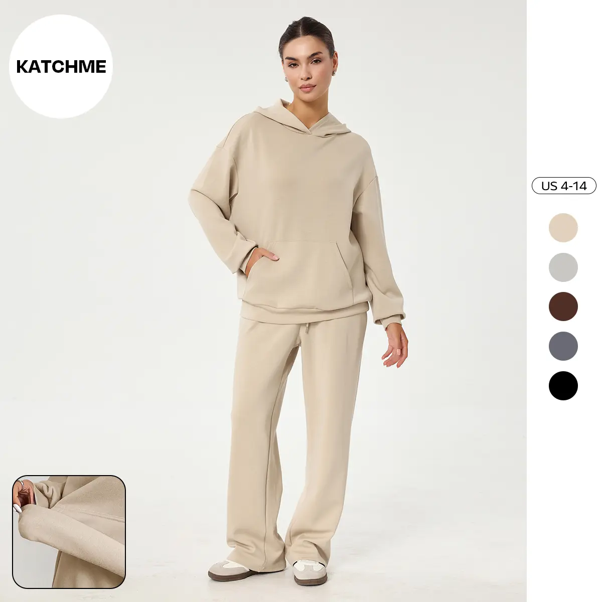 KatchMe Women's Casual Solid Color Long Sleeve Hoodie & Drawstring Waist Wide Leg Trousers Co-ord, Spring & Fall Two Piece Outfits, Cozy Womenswear