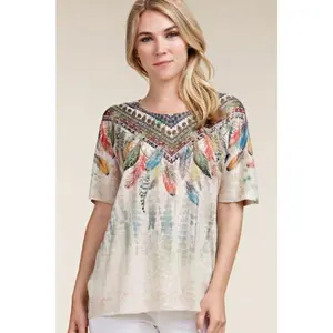 Vocal Feathers Rhinestones Top - Taupe