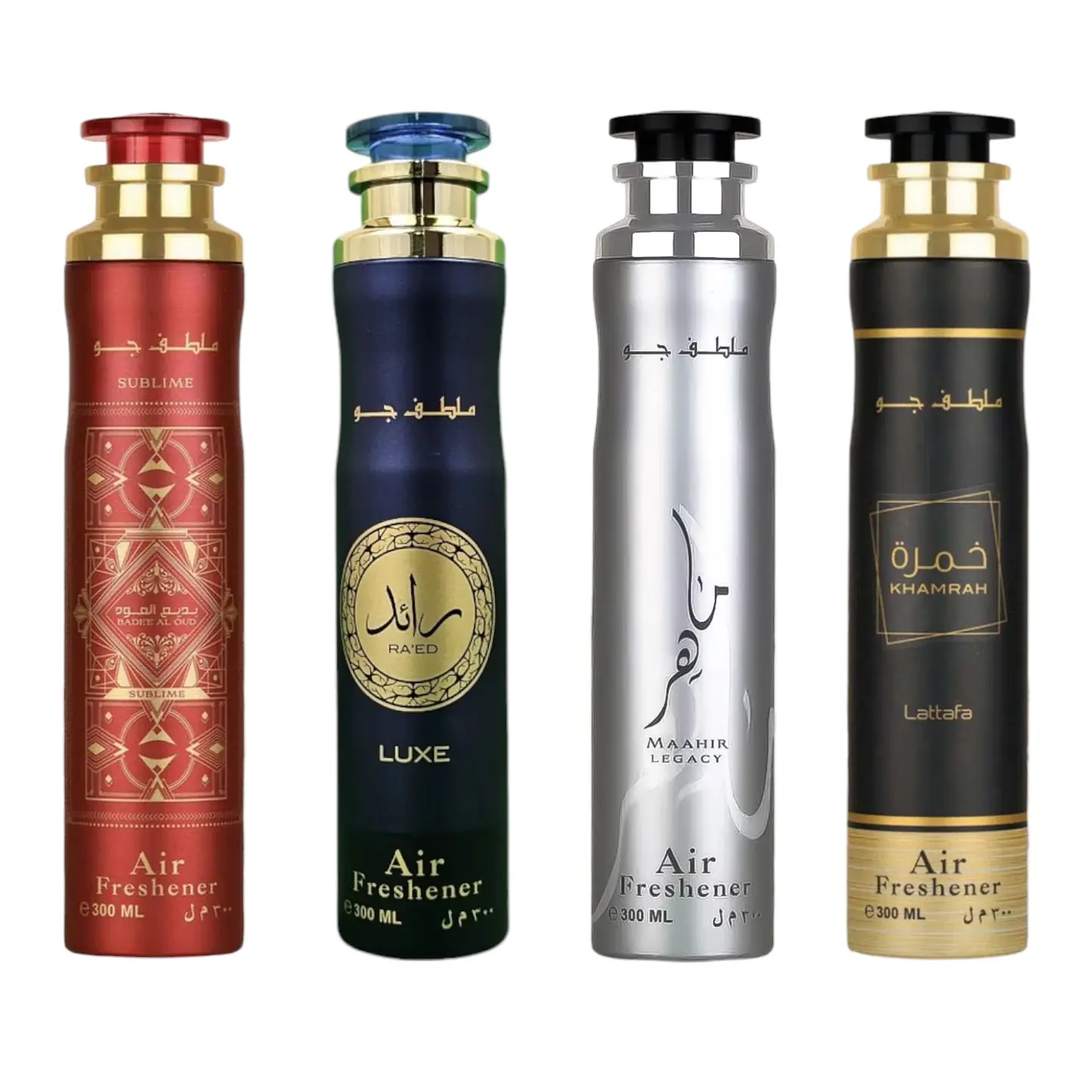 (4pc Bundle Pack) Sublime, Ra'ed, Maahir Legacy + Khamrah Air Freshener Spray by Lattafa, 300ml