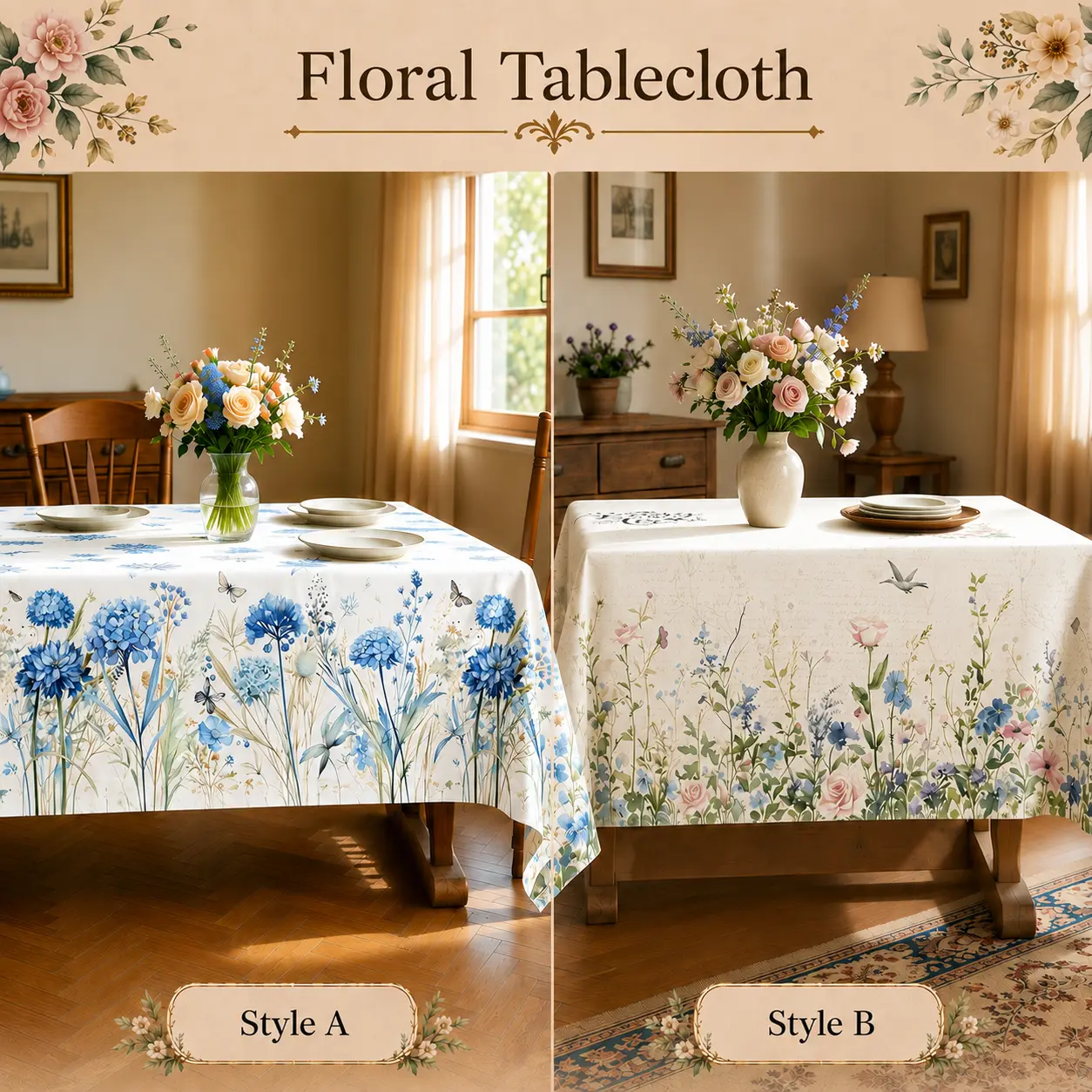 Classic floral tablecloth, blue flowers and birds, available in round, rectangular and oval shapes, suitable for banquets, restaurants, parties, festivals, outdoor events and birthdays, polyester/washable, clearance sale