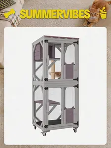 Aivituvin-AIR22-M Medium Wooden Summervibes Outdoor Cat Catio with Wheels| Connecting with Window,Cat Furniture,Cat Enclosure connect to slider door