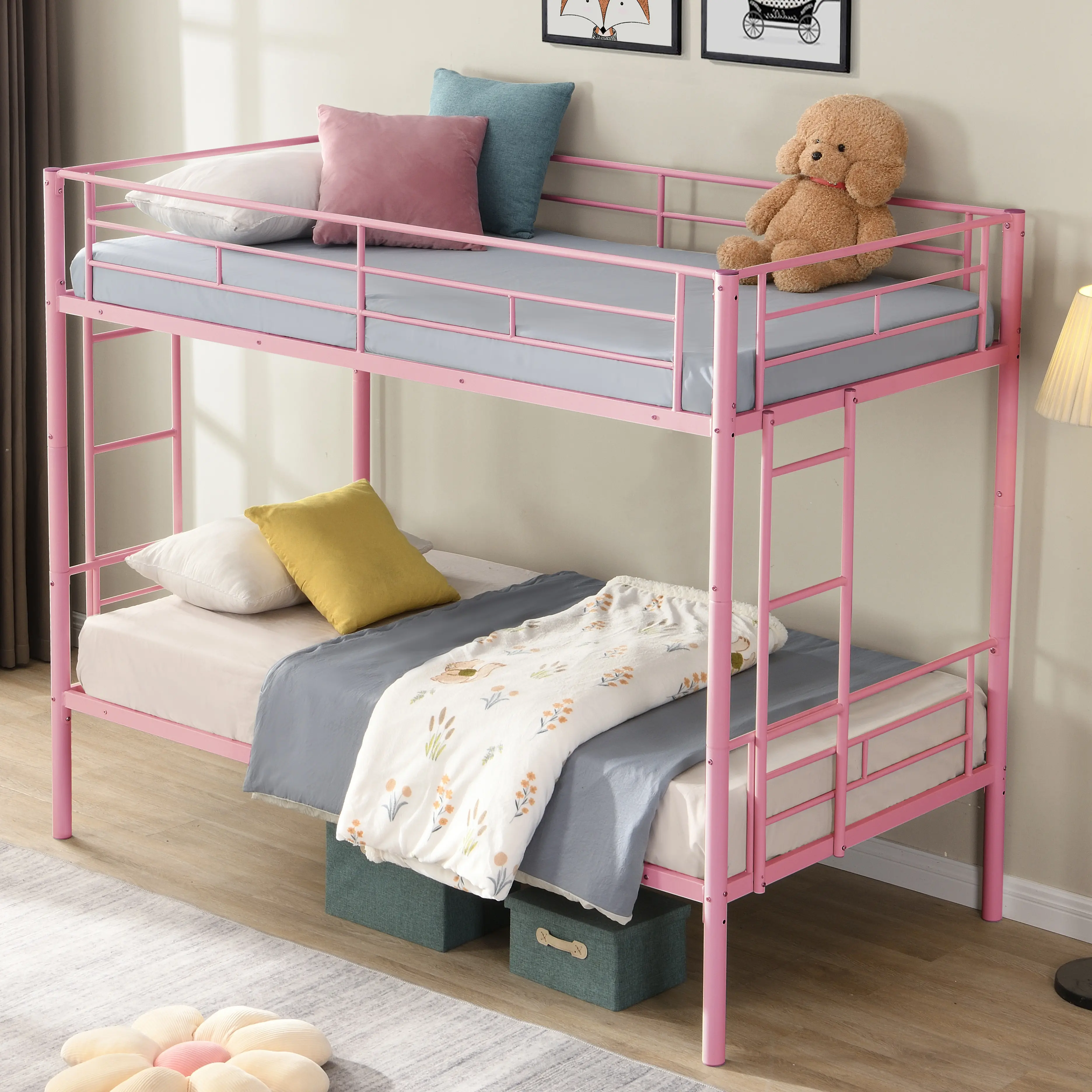 Twin Over Twin Bunk Bed with Built-in Ladder and Safety Guardrail, Heavy Duty Metal Bunkbeds for Kids, Teens, Convertible Metal Bunk Beds Twin, Space Saving, No Box Spring, Black/White/Pink/Silver, Furniture, Loft