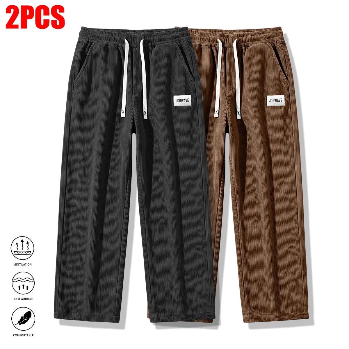 2-Pack Men's Casual Pants, Solid Color Loose-Fit Wide-Leg Polyester Trousers with a Drawstring Mid Waist, Menswear, Black + Gray