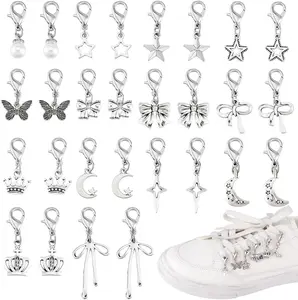 28Pcs Clip-On Shoe Charms – 14 Styles Alloy Pendant Decorations, Antique Silver Star & Bow Shoelace Charms with Lobster Clasp for Sneakers, Boots & Jewelry Making