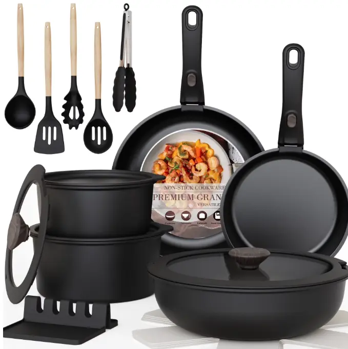 Astercook 20-Piece Pots and Pans Set, Nonstick Cookware Set with Detachable Handles, Oven & Dishwasher Safe, Induction Compatible, Stackable RV Kitchen Cooking Set, Black