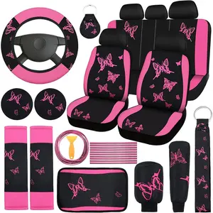 Butterfly Print Girly Car Interior Sets, Car Seat Cover & Steering Wheel Cover & Shoulder Pads & Coasters Kit, Car Interior Decoration Accessories, Car Interior Accessory
