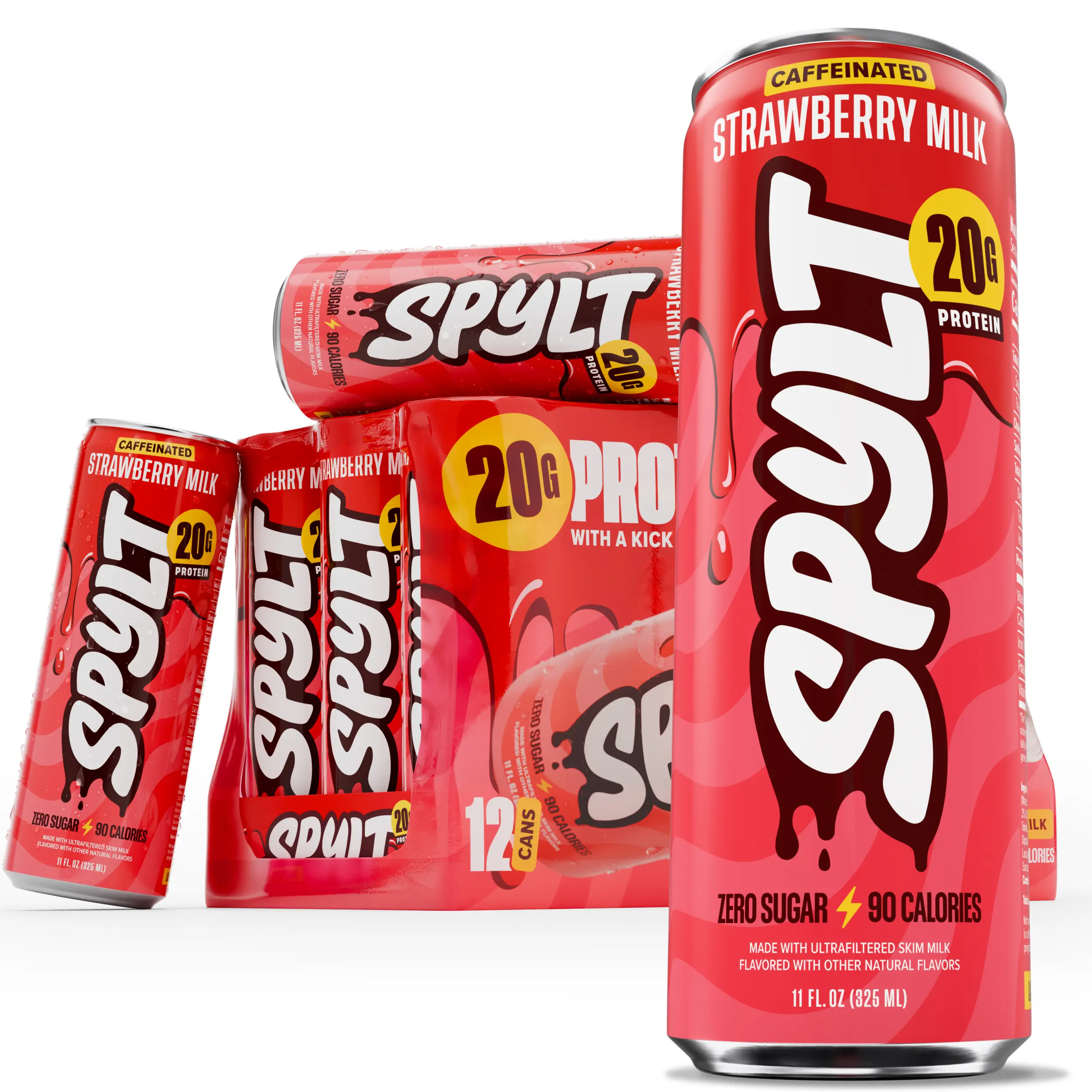 SPYLT High Protein Drink, Caffeinated Chocolate Milk - Strawberry Milk | Workout Recovery & Energy Boost | Sugar Free, Lactose Free | Ready-to-Drink, 12-Pack Beverage - PACKAGING MAY VARY