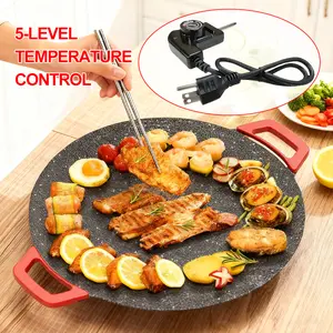 BestsellerKorean-style Round Multi-functional BBQ Pan | Home-use Electric Grill, Non-stick, Adjustable Settings, Red Handle, Suitable for Family Gatherings, Ideal Christmas Gift