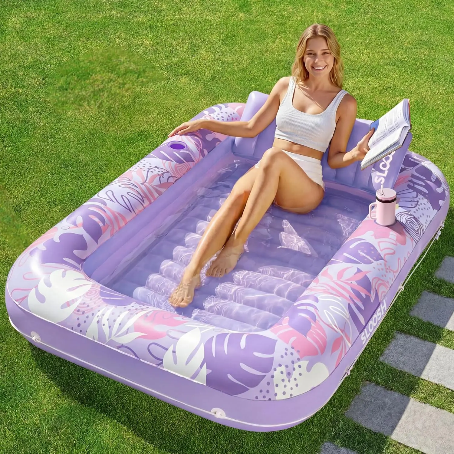 70"x46" Inflatable Tanning Pool Lounger Float with Pillow Cube, 4-in-1 Adult Suntan Tub Raft Floatie, Sunbathing Bed for Water/Blow Up Ball Pit Party Gifts, L-Purple