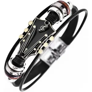 Retro Guitar Leather Bracelet for Man Women  Bead Braided  Ethnic Tribal Cuff Multi-Layer Cords Wrap  Shape Punk Rock  Gifts Wristband
