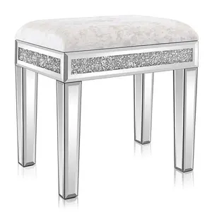 Silver Rhinestone Vanity Stool with Modern Mirrored Design and Comfy Velvet Seat for Bedroom