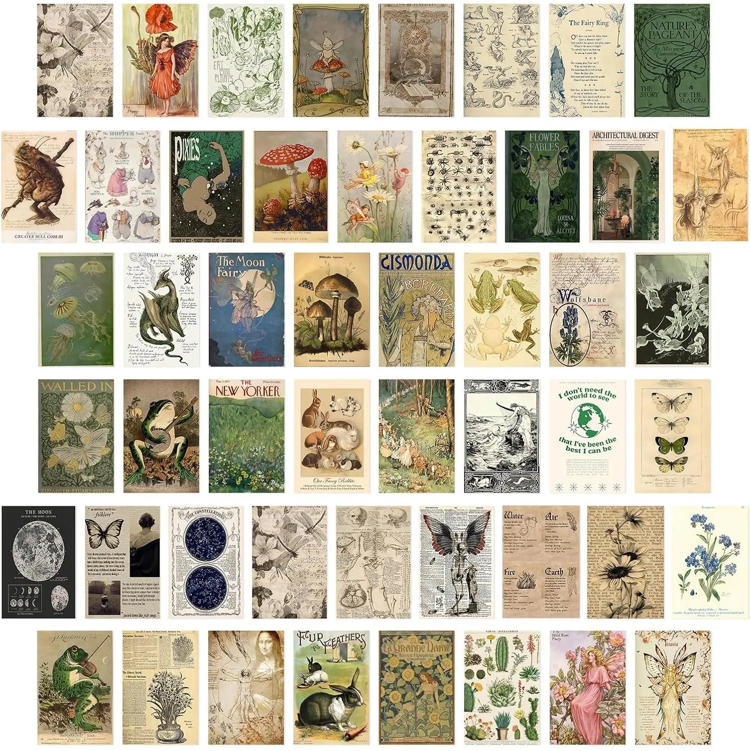 Vintage Fairycore Decor Aesthetic Pictures, 50 Pcs Fairycore Room D ecor, Retro Cottagecore Wall decor Earthy Wall Art, Vintage Fairy Posters Wall Collage Kit for Dorm Bedroom, Goblincore Decor (4"x6")